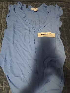 DKNY Light Blue Ruffle-Trim V-Neck Blouse